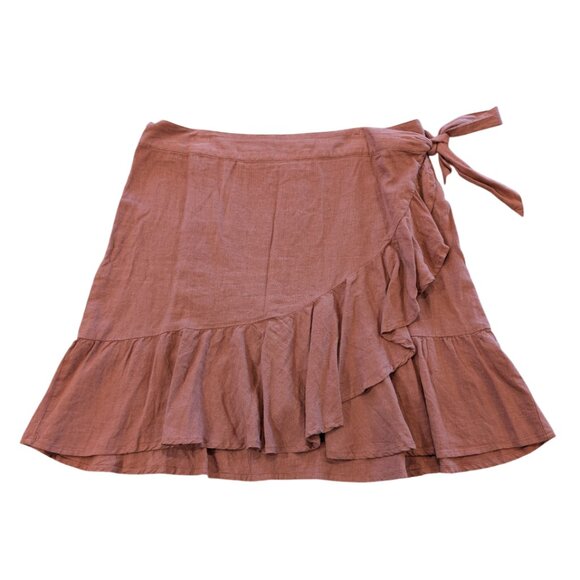 FREE PEOPLE "Ruffle My Feather" Wrap Skirt 12 Dusky Blush Muted Red Ruffle Hem - Picture 2 of 7